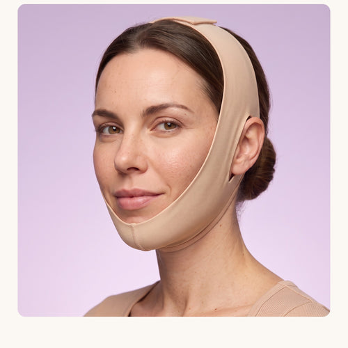 Bande visage LiftMyFace portée, vue de trois quarts, photo d’illustration