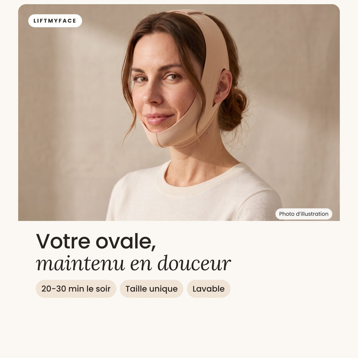 Femme portant la bande visage LiftMyFace, photo d’illustration