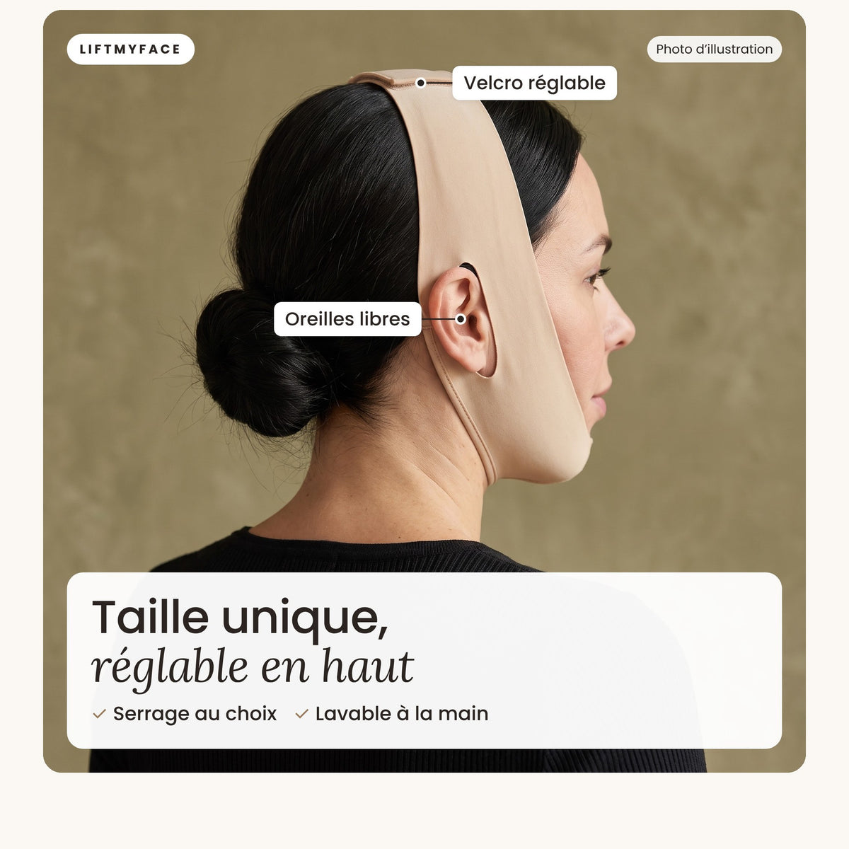 Velcro réglable en haut de la tête, oreilles libres