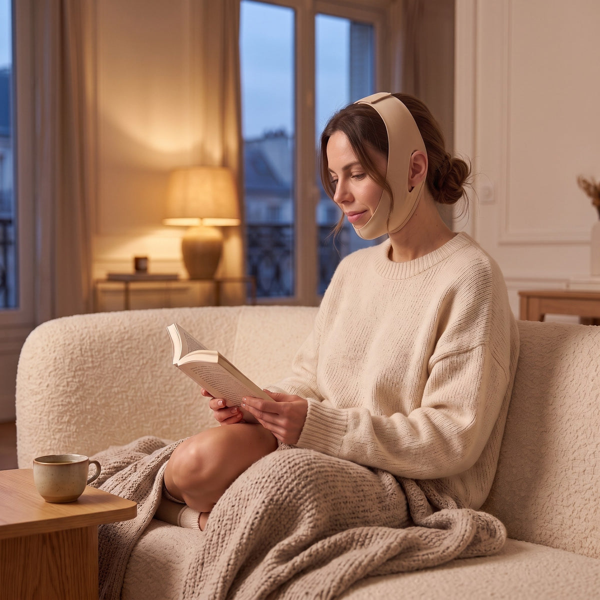 Femme qui lit le soir avec la bande visage, photo d’illustration
